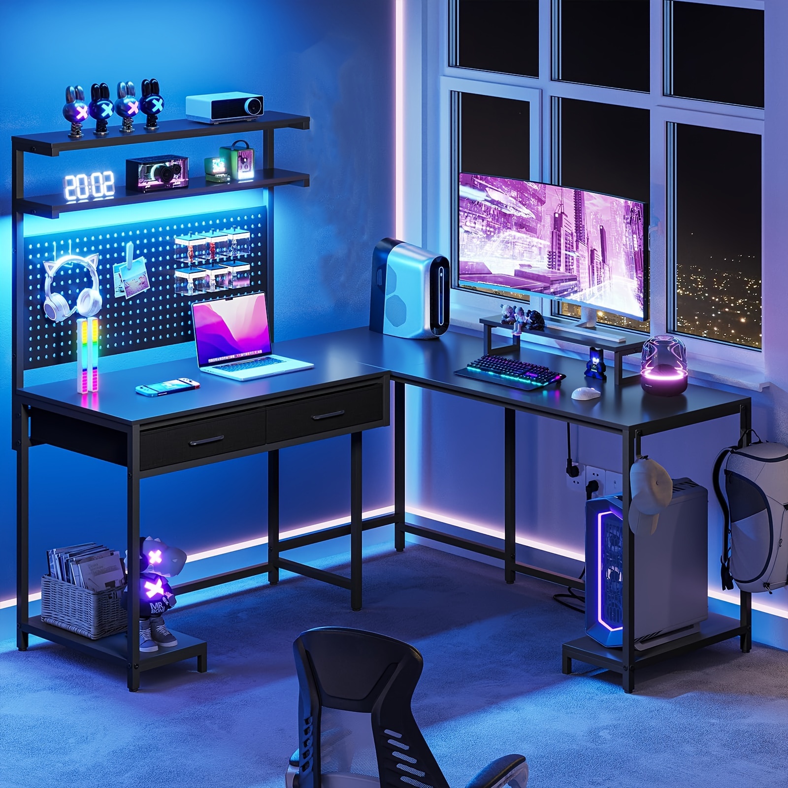 black l shaped gaming desk with led lights pegboard and drawers computer desk with hutch and drawers with monitor stand storage shelves home office desk   details 0