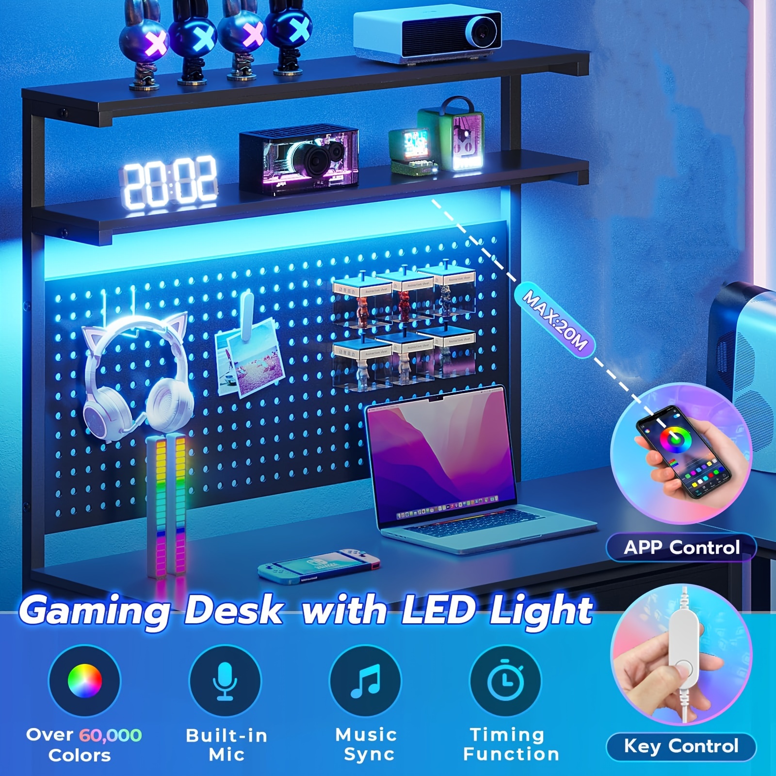 black l shaped gaming desk with led lights pegboard and drawers computer desk with hutch and drawers with monitor stand storage shelves home office desk   details 1