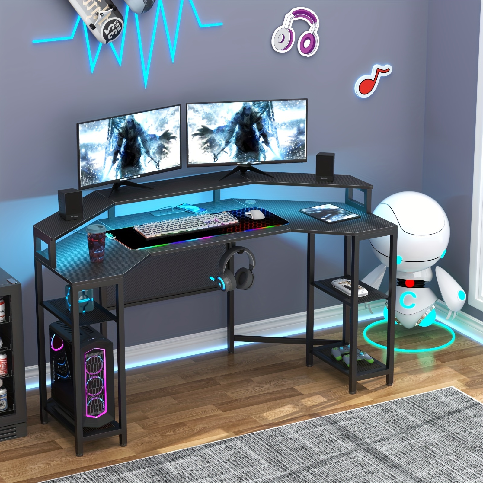 63 inch wing shaped computer desk large desk game table with full monitor stand details 1