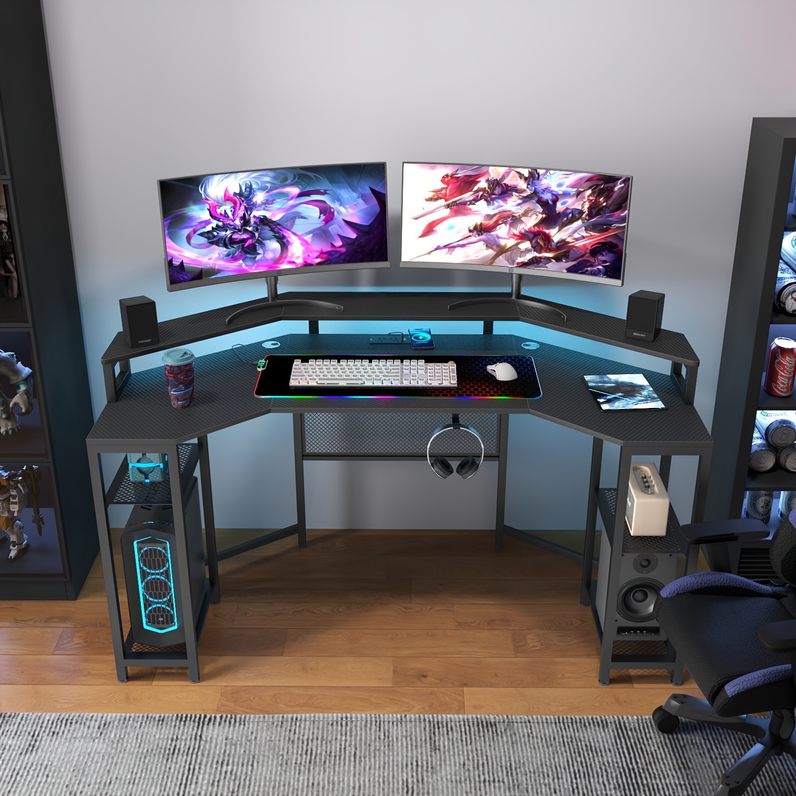 63 inch wing shaped computer desk large desk game table with full monitor stand details 2