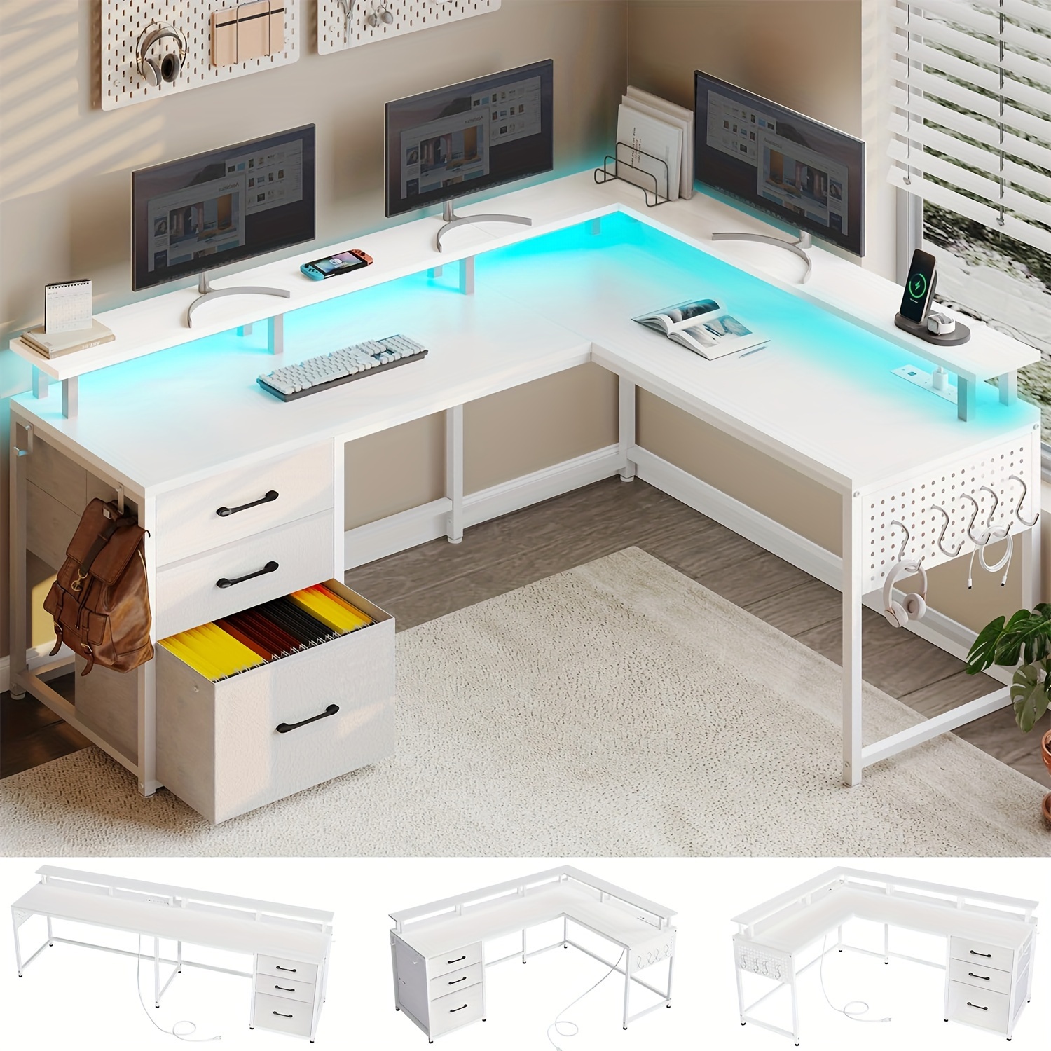 l shaped computer desk with led lights charging station reversible gaming table with drawers monitor stand for home office white details 0