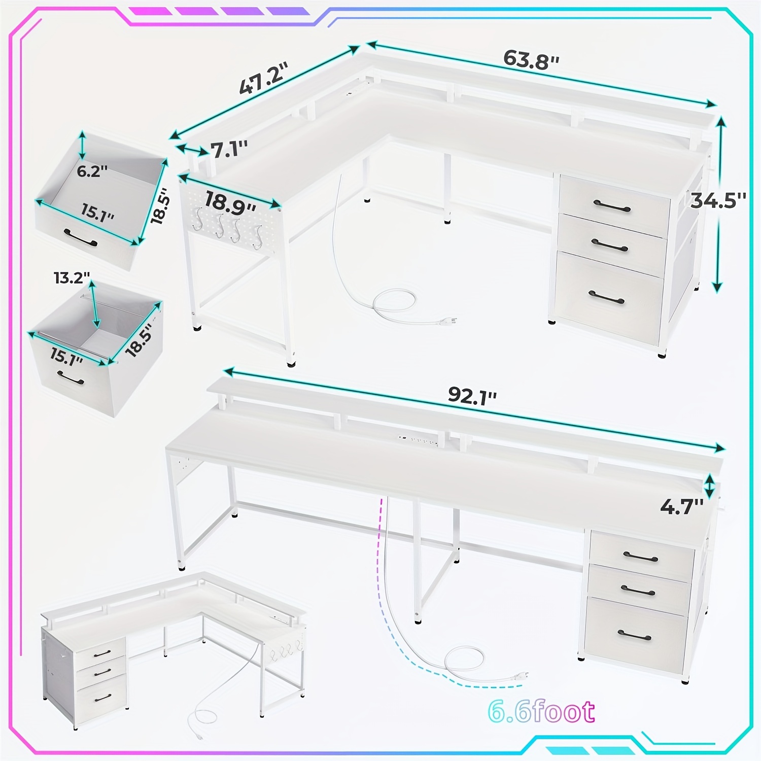 l shaped computer desk with led lights charging station reversible gaming table with drawers monitor stand for home office white details 1