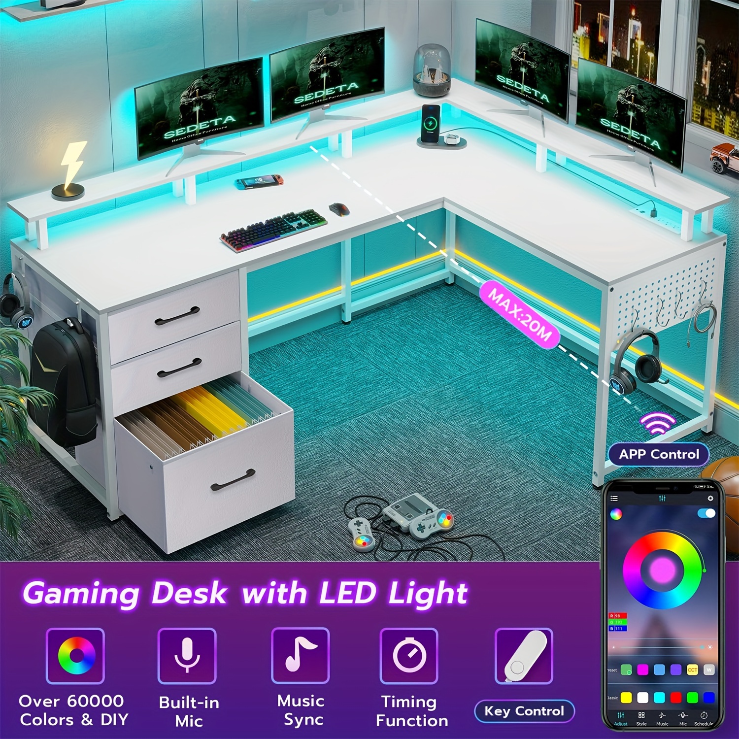 l shaped computer desk with led lights charging station reversible gaming table with drawers monitor stand for home office white details 2