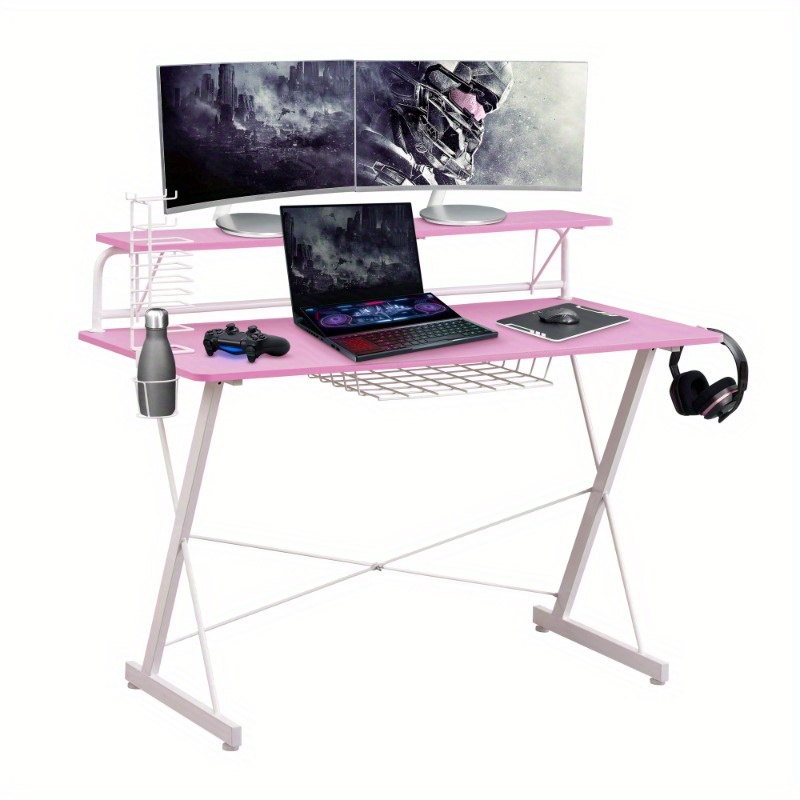 carbon computer gaming desk with shelving pink details 0