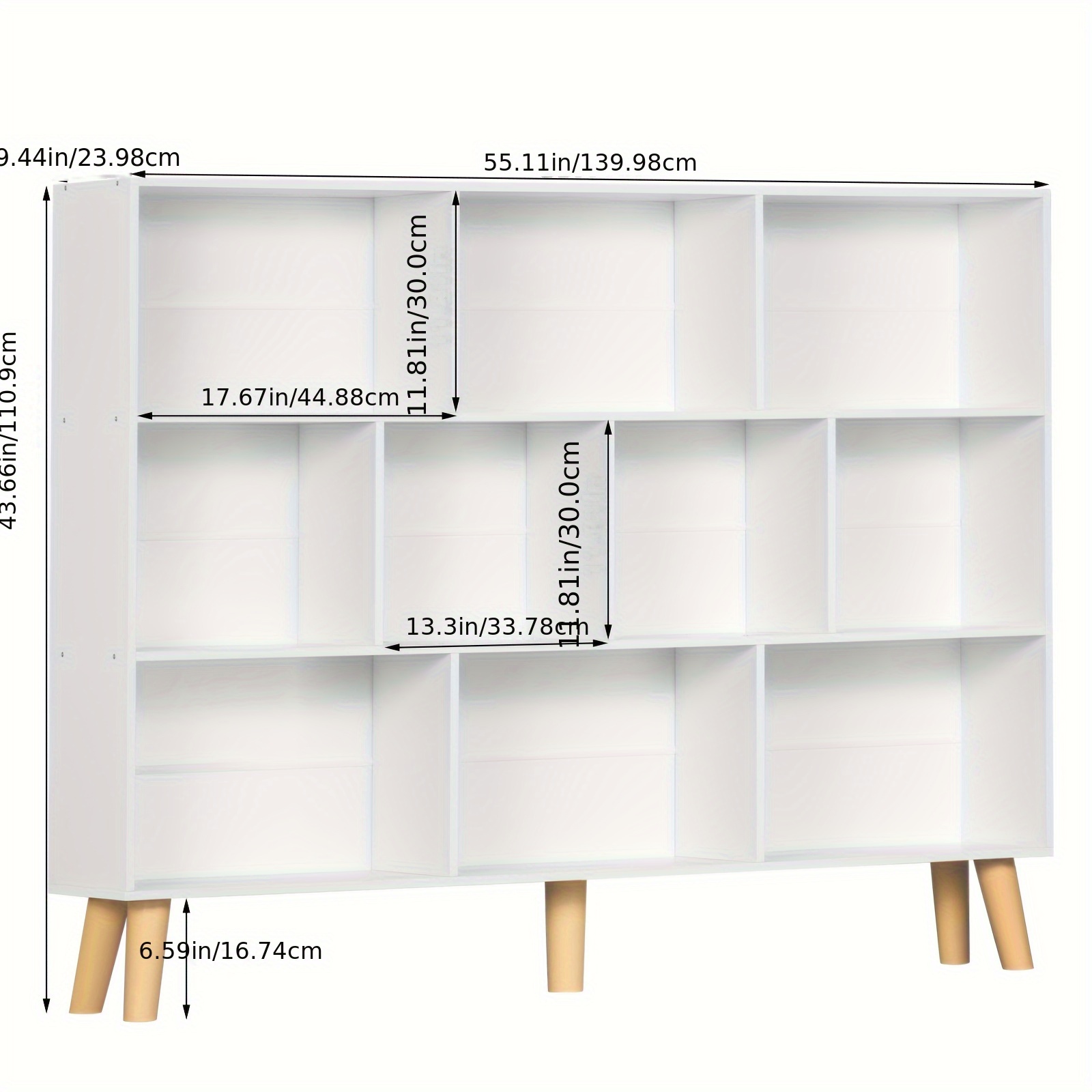 10 cube bookshelf 3 tier modern wide bookcase with legs century wood bookshelves storage white large book case freestanding organizer display shelf for bedroom living room office details 4