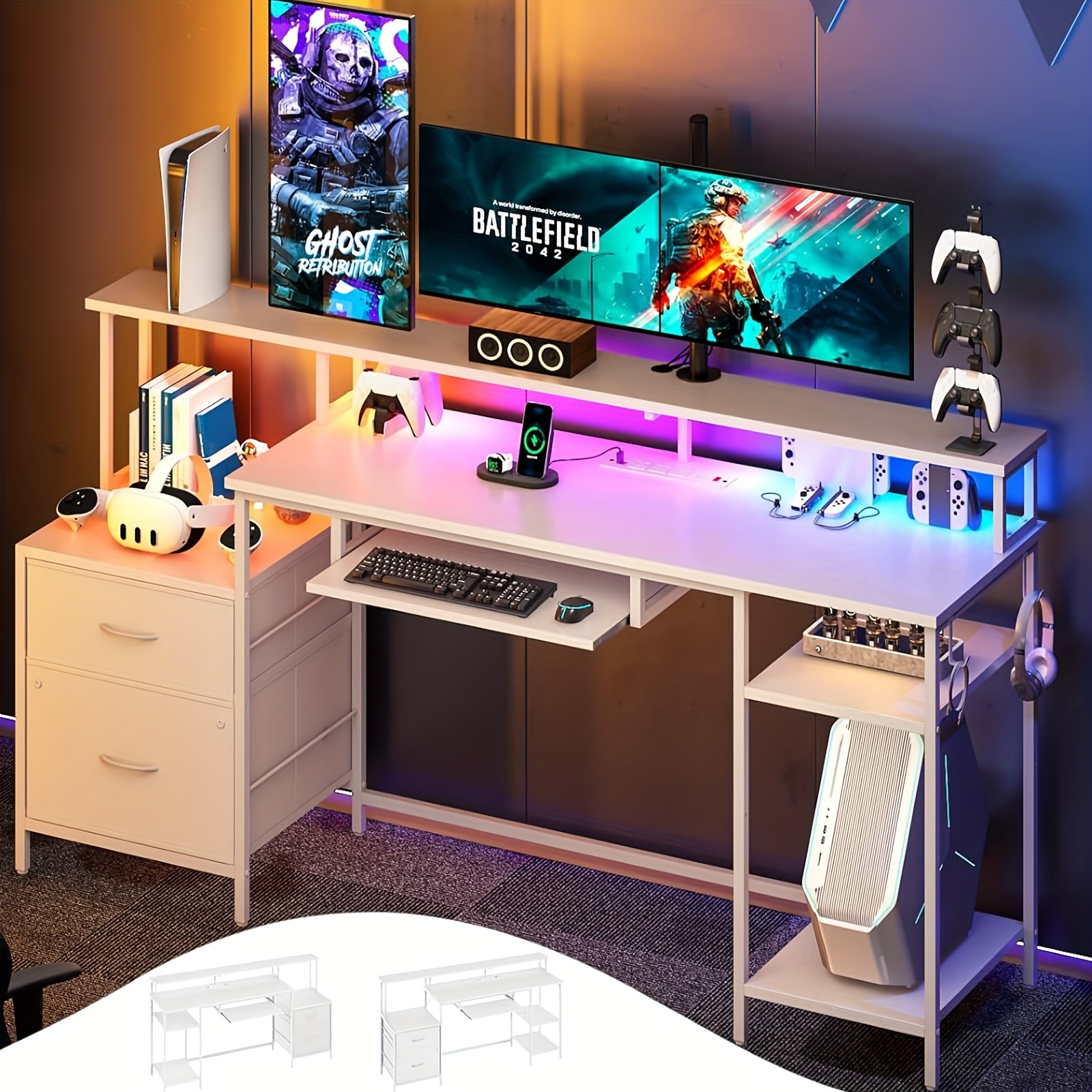 white computer desk with power outlets keyboard tray for home office reversible gaming desk with 2 drawers monitor stand details 0