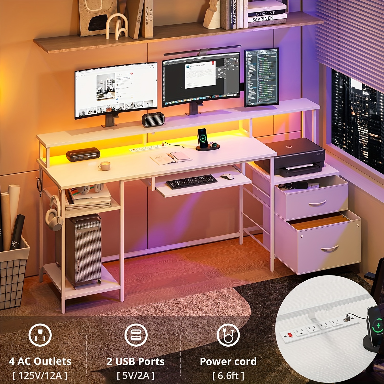 white computer desk with power outlets keyboard tray for home office reversible gaming desk with 2 drawers monitor stand details 4