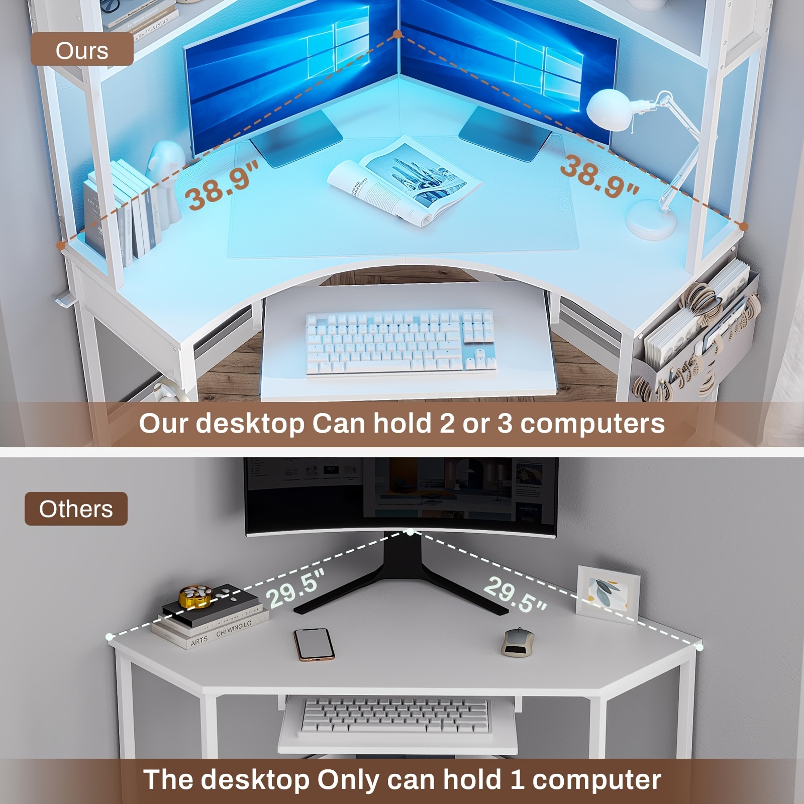 1pcs white small computer desk with hutch triangle   office desk with keyboard tray storage bag hook details 2