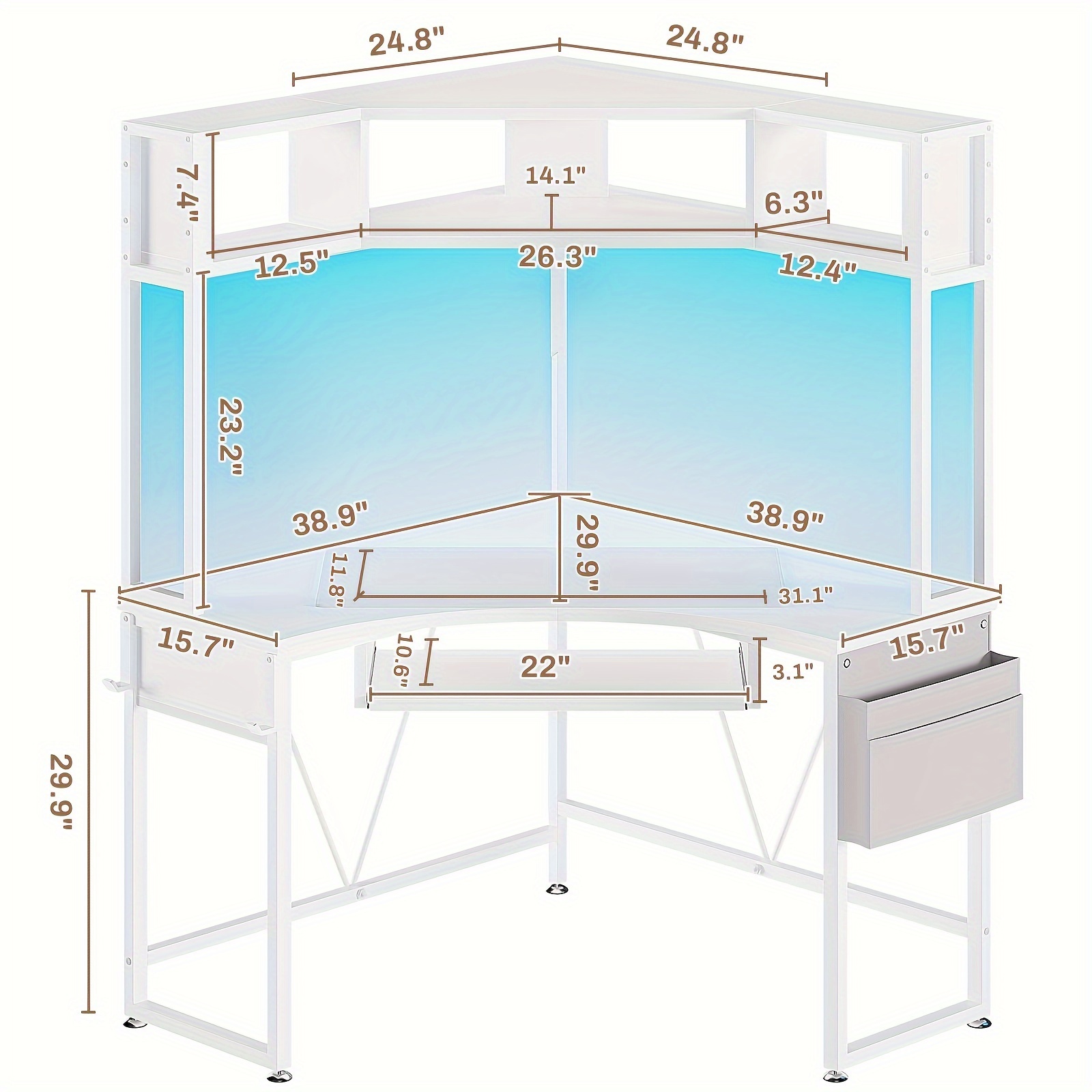 1pcs white small computer desk with hutch triangle   office desk with keyboard tray storage bag hook details 5