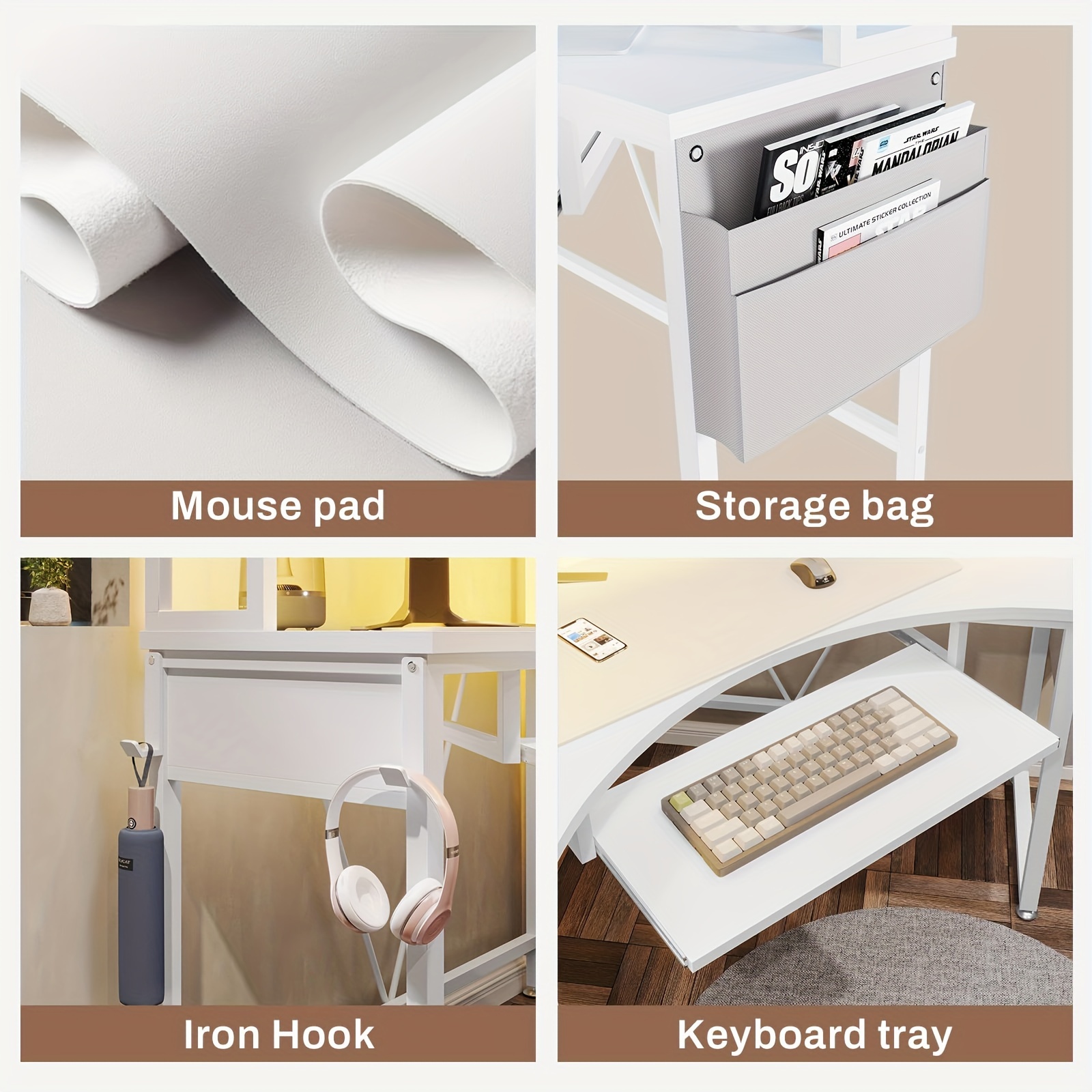 1pcs white small computer desk with hutch triangle   office desk with keyboard tray storage bag hook details 6