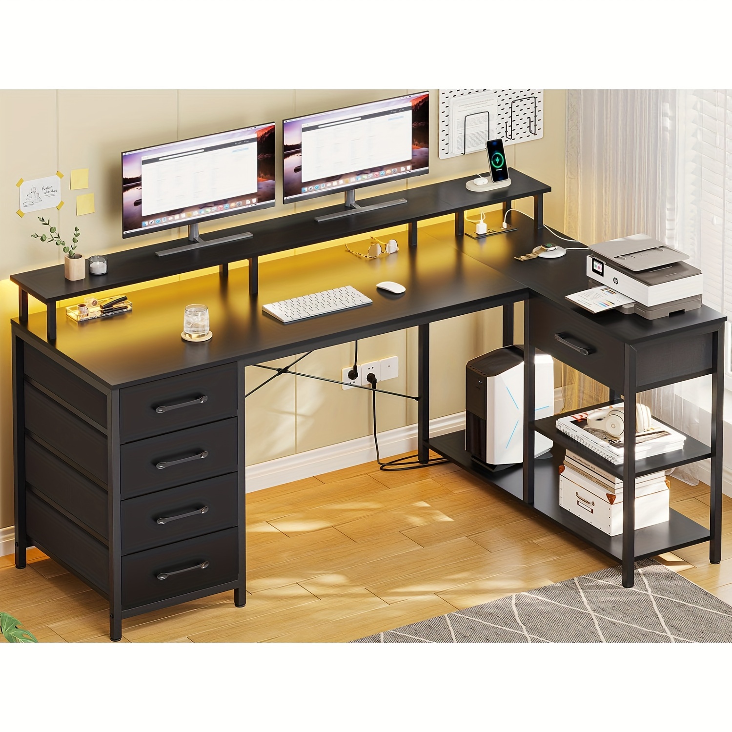 l shaped computer desk with monitor stand charging station corner writing desk with led lights drawers for home office black details 0