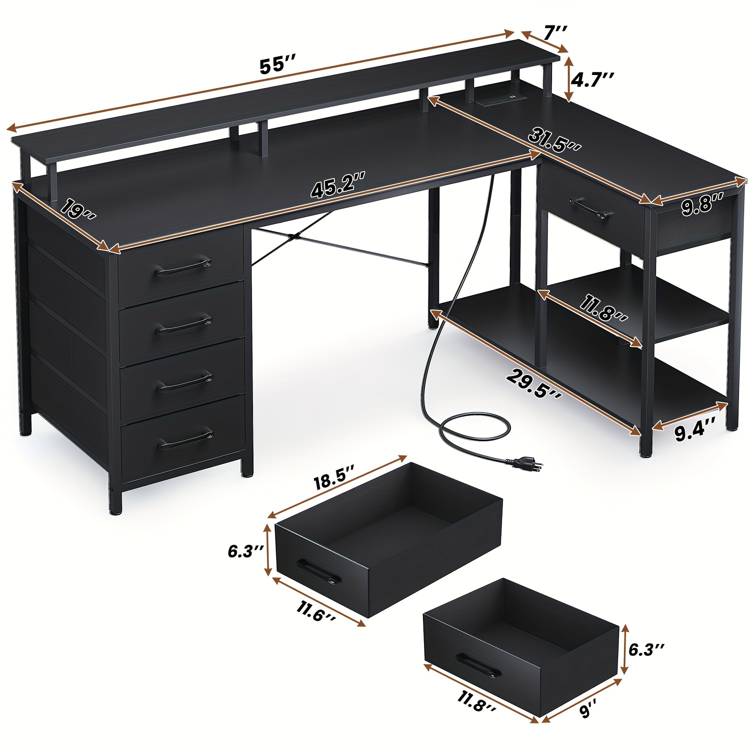 l shaped computer desk with monitor stand charging station corner writing desk with led lights drawers for home office black details 1