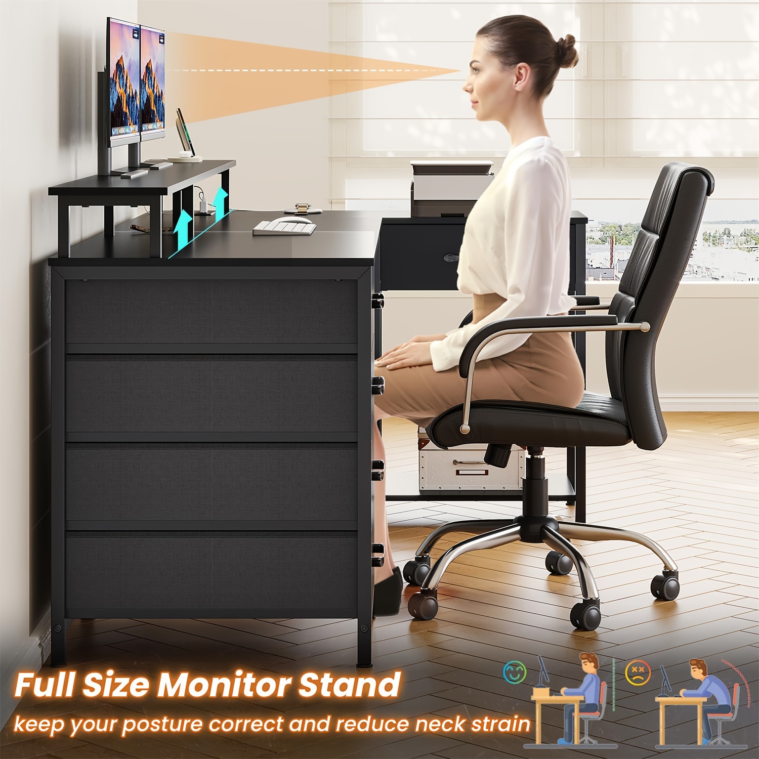 l shaped computer desk with monitor stand charging station corner writing desk with led lights drawers for home office black details 2