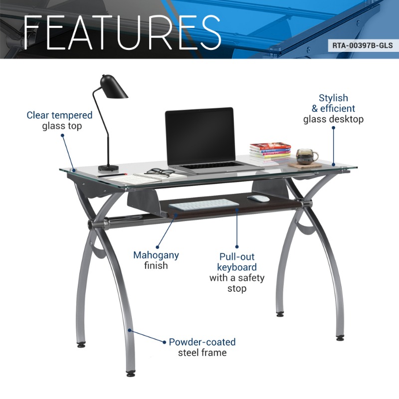   mobili contempo clear glass   desk with pull out keyboard panel clear details 3