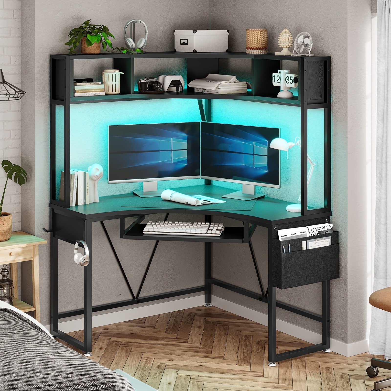 computer desk   office computer desk with keyboard tray storage bag and headphone hook details 0