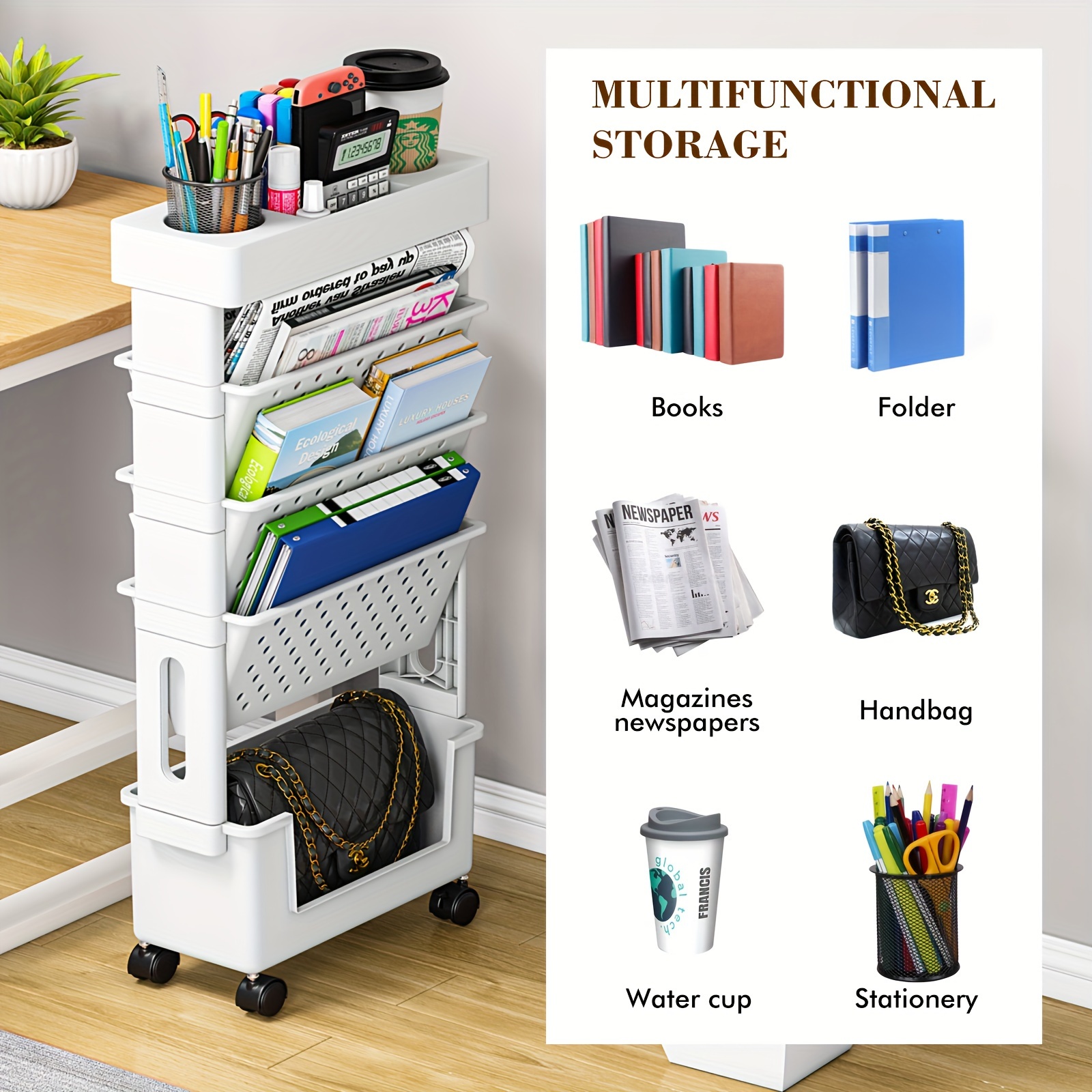 desk organizers and accessories office supplies desktop organizer with wheels desk file organizer 5 tier file folder holder magazine storage bookshelf for school classroom home details 2