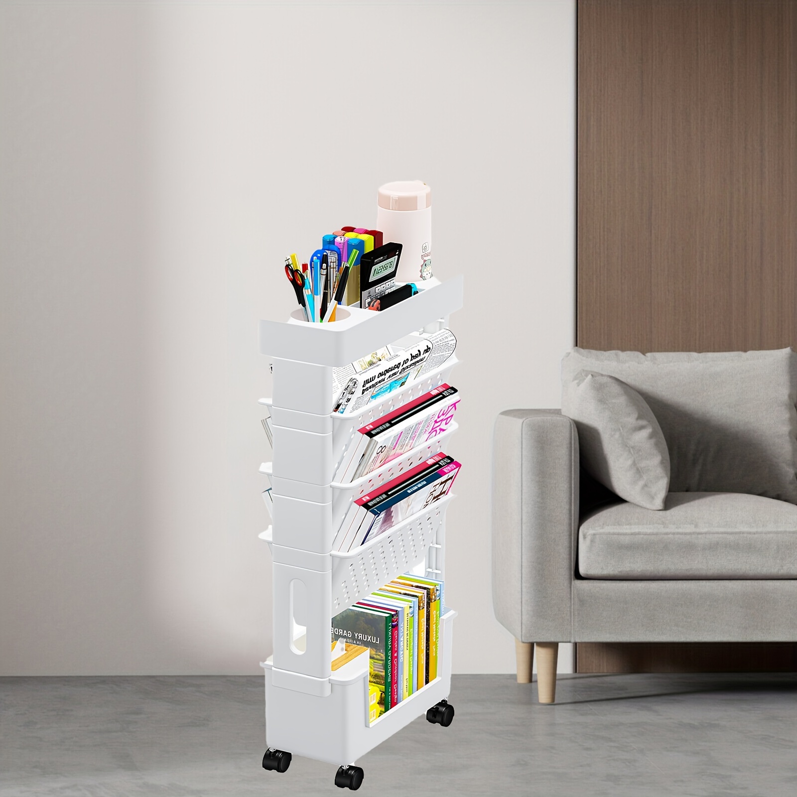 movable bookshelf floor book storage rack with wheels magazine newspaper storage rack suitable for school classroom office study bedroom living room etc details 4