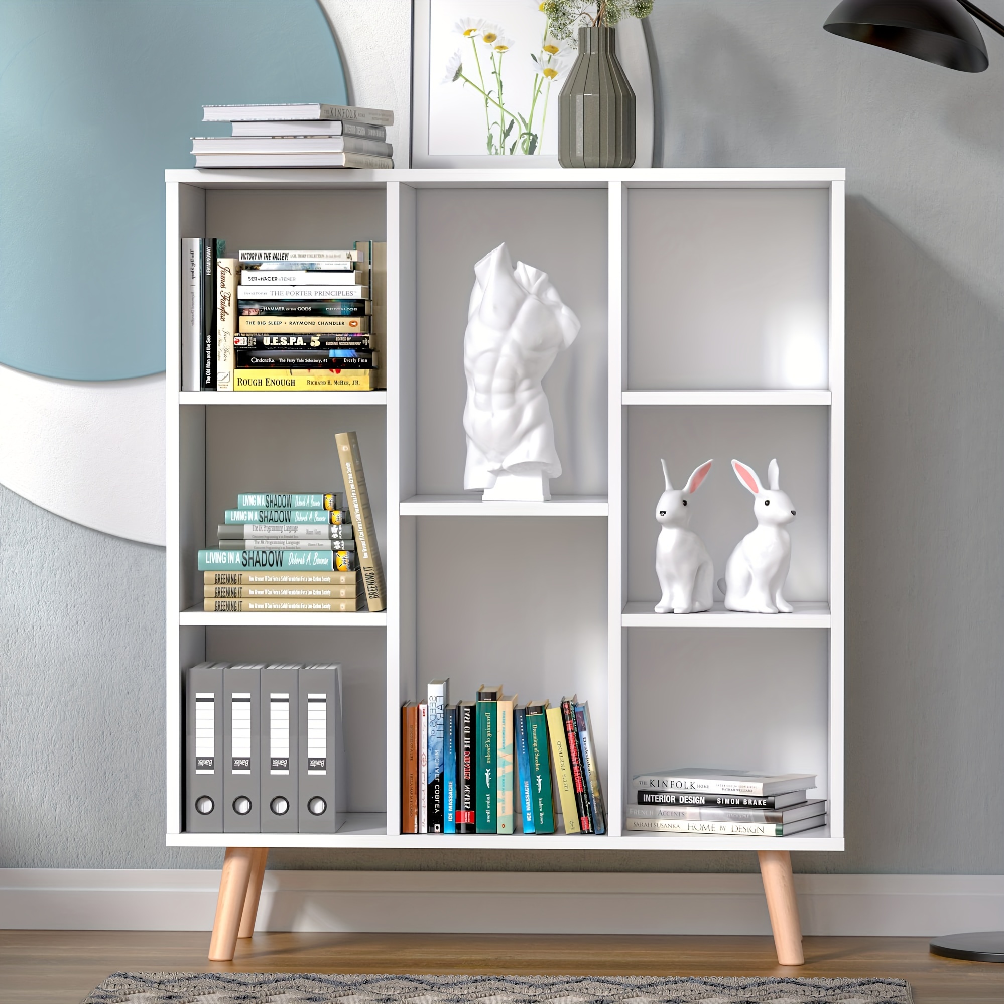  modern 8 cube bookcase with legs retro wood storage organizer shelf freestanding open bookshelves for living room office in white 11 61 d x 31 5 w x 36 93 h details 0