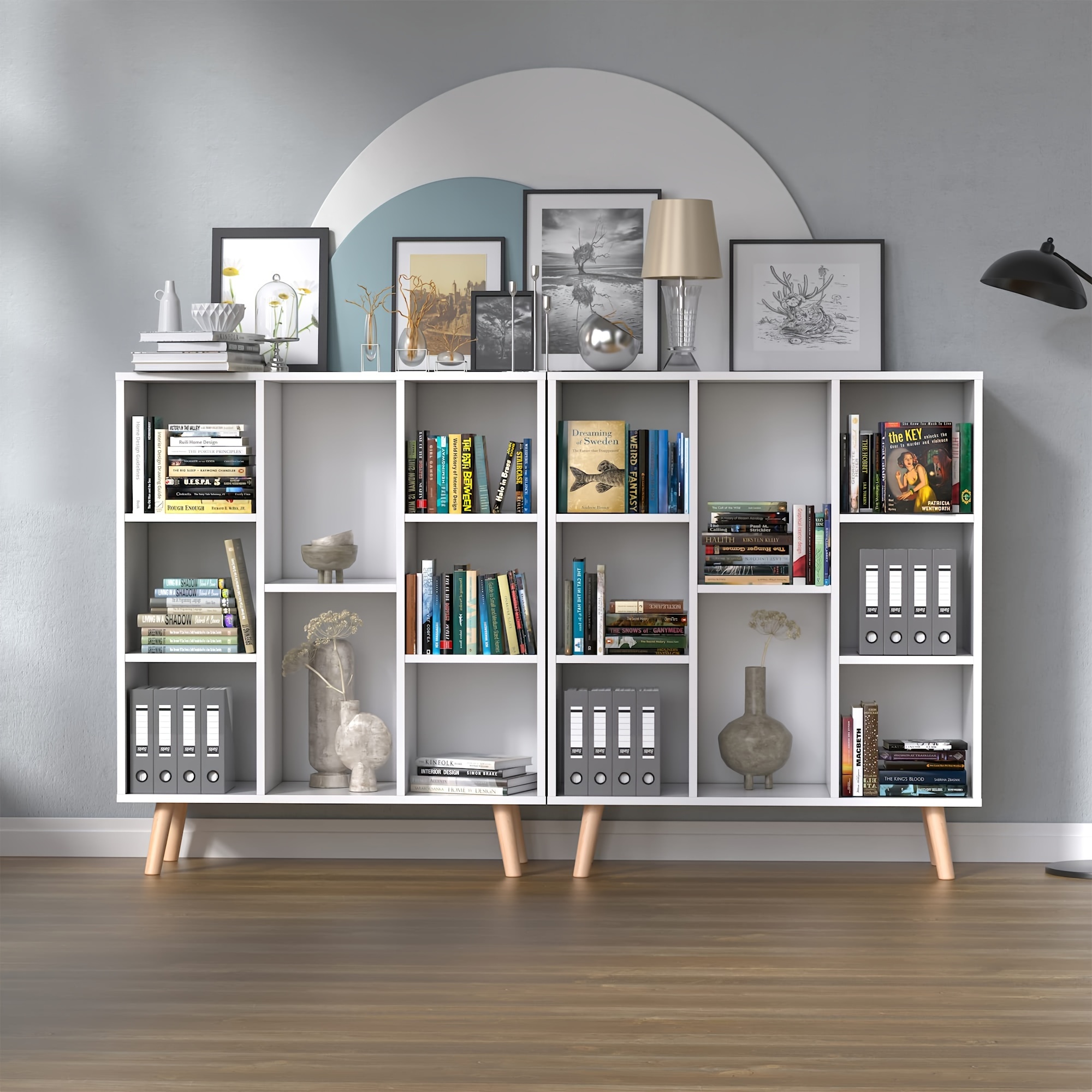  modern 8 cube bookcase with legs retro wood storage organizer shelf freestanding open bookshelves for living room office in white 11 61 d x 31 5 w x 36 93 h details 2