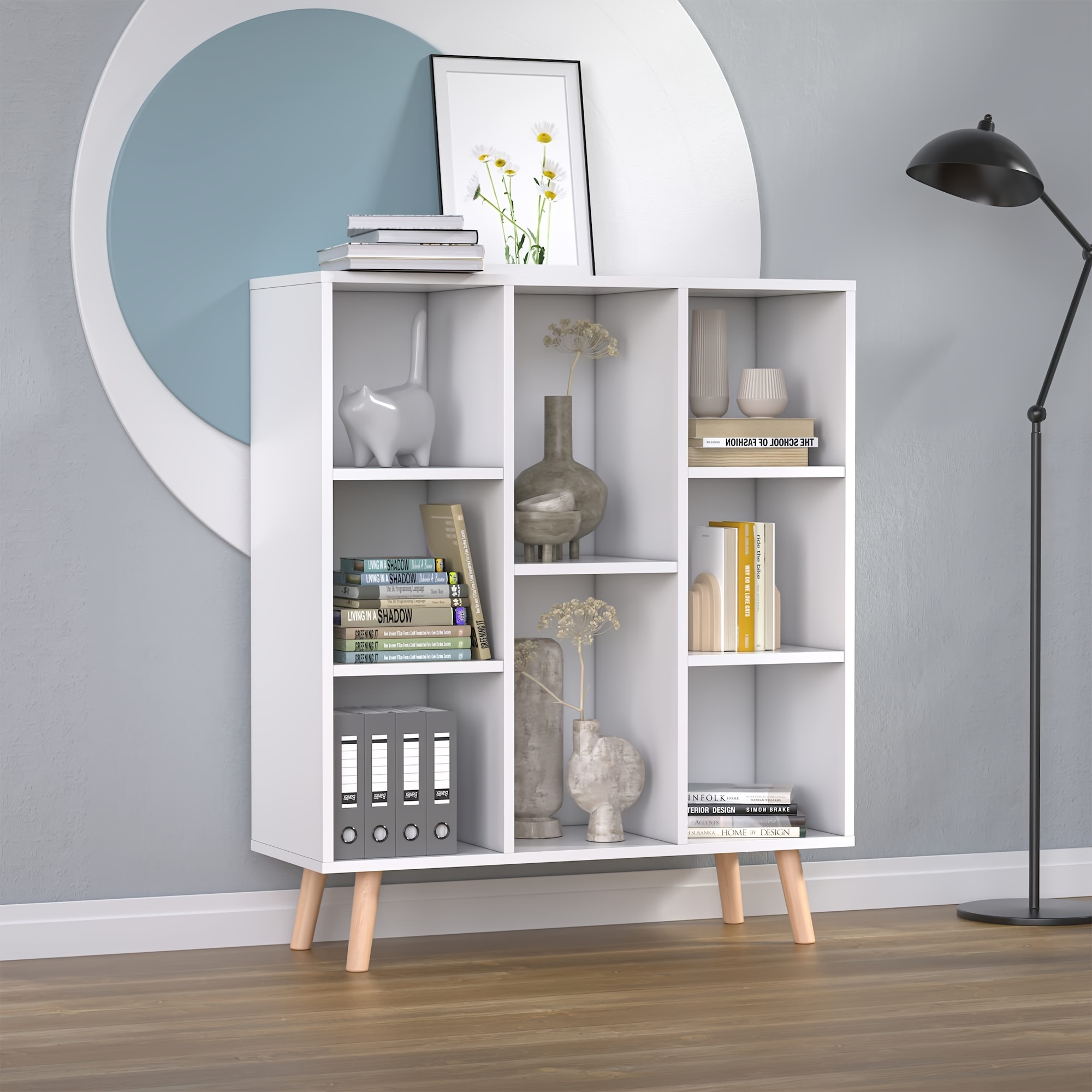  modern 8 cube bookcase with legs retro wood storage organizer shelf freestanding open bookshelves for living room office in white 11 61 d x 31 5 w x 36 93 h details 5