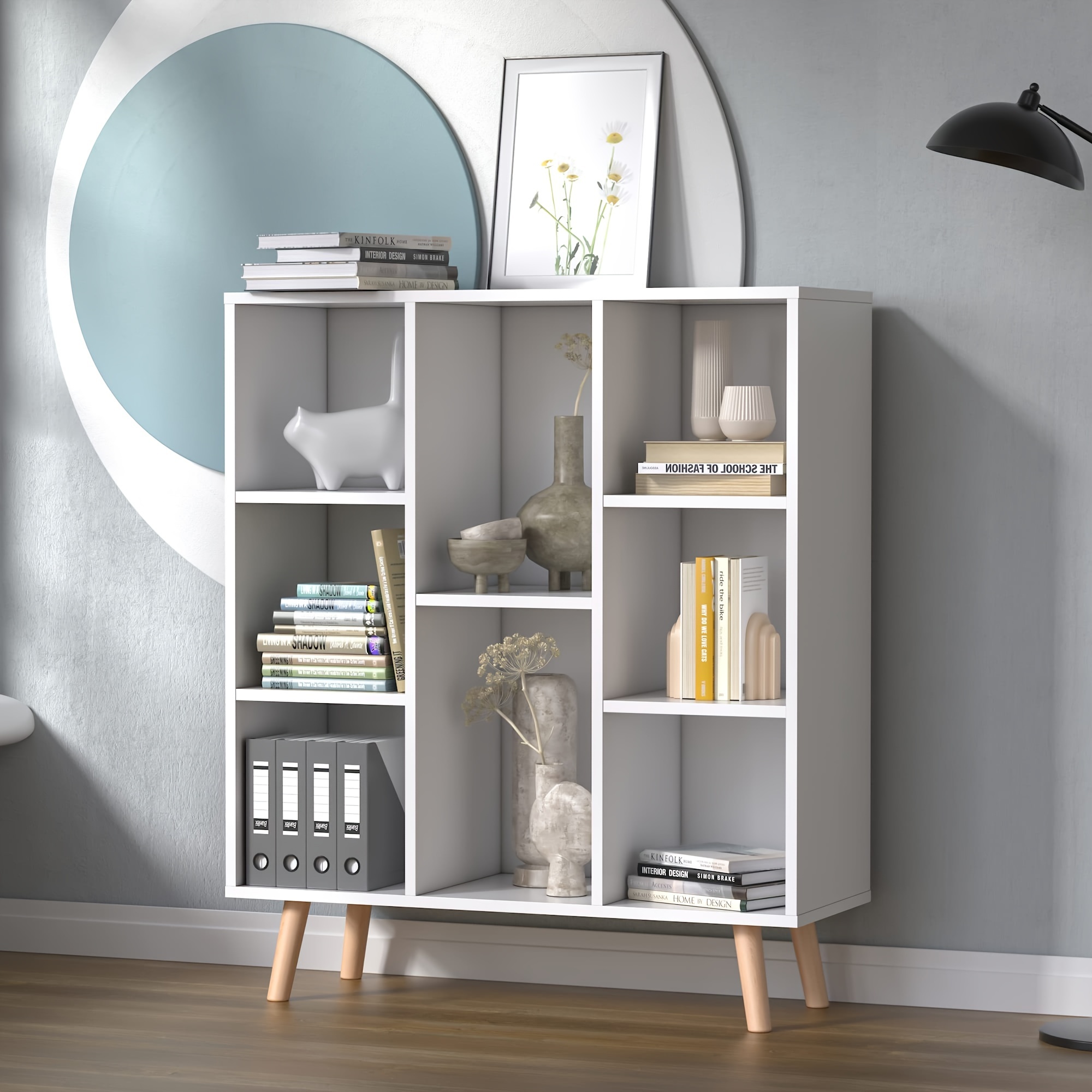  modern 8 cube bookcase with legs retro wood storage organizer shelf freestanding open bookshelves for living room office in white 11 61 d x 31 5 w x 36 93 h details 7