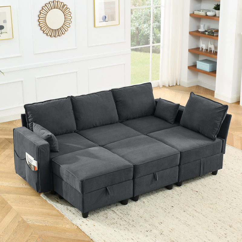 multifunctional gray corduroy velvet arm seat module sofa with storage classic style with magazine pouch home living room furniture details 2