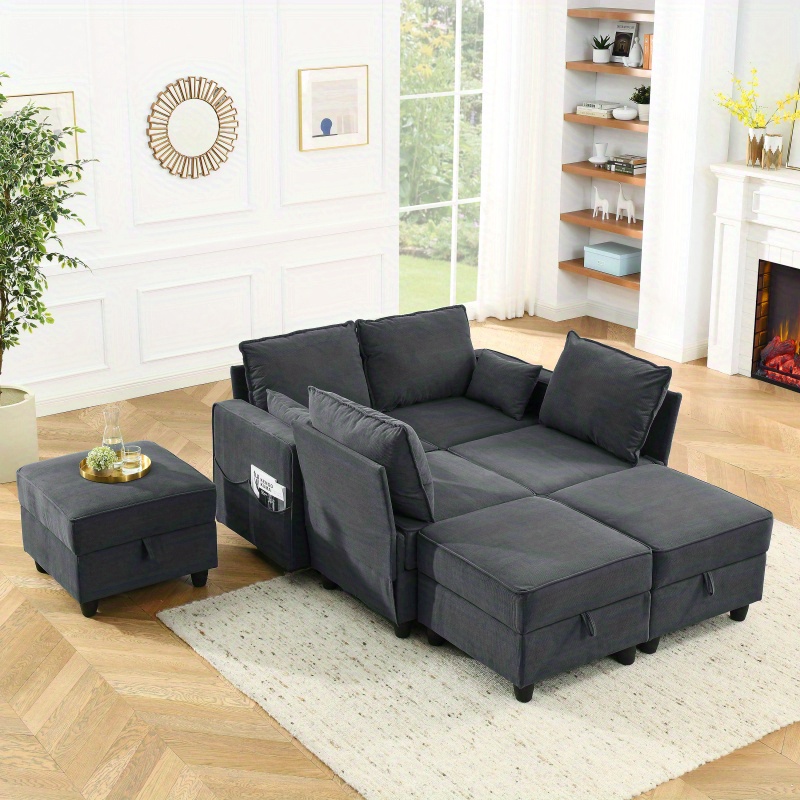 multifunctional gray corduroy velvet arm seat module sofa with storage classic style with magazine pouch home living room furniture details 3