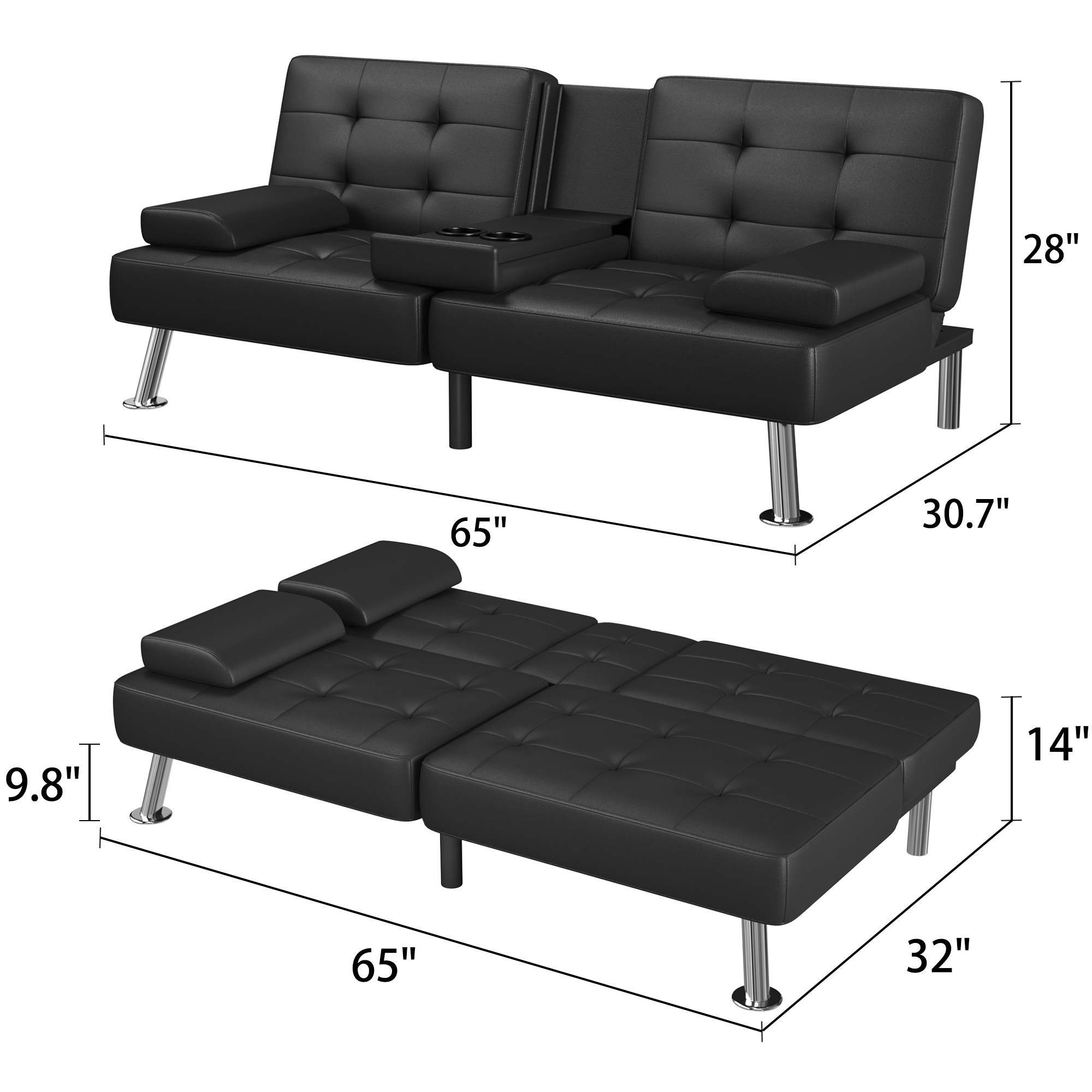 faux leather upholstered modern convertible folding futon sofa bed with removable armrests adjustable recliner couch bed loveseat with 2 cup holders for living room details 5