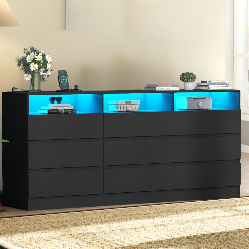 9 drawer double dresser with power outlet lights long dresser chests of drawers for bedroom living room details 0