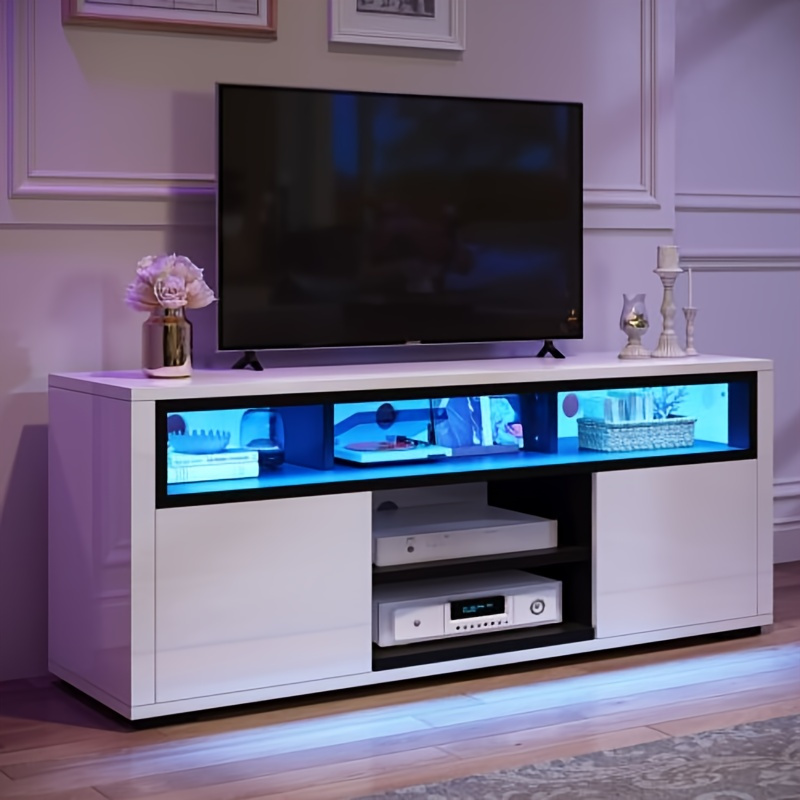 xelsyo high gloss tv stand with led ambient lights modern tv stand with open shelf storage cabinet for 62 inch tv white details 0