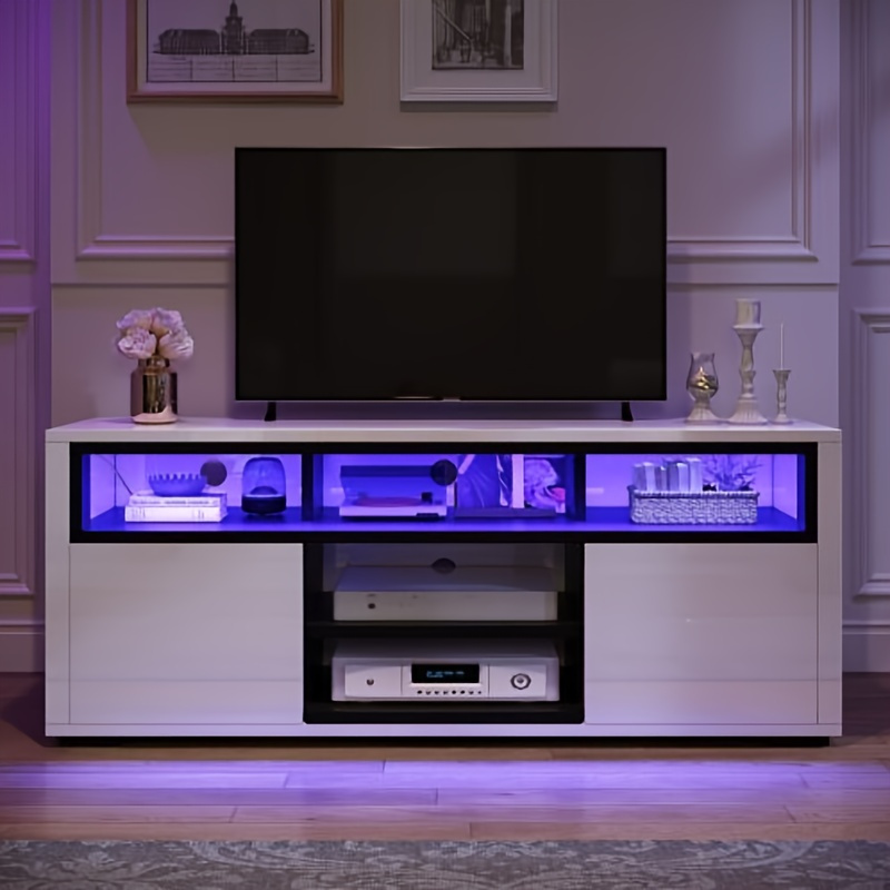 xelsyo high gloss tv stand with led ambient lights modern tv stand with open shelf storage cabinet for 62 inch tv white details 1