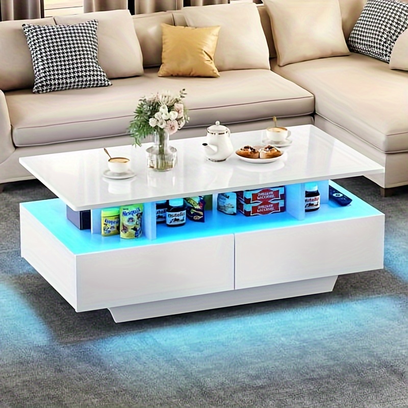 gardnfun modern led coffee table white coffee table with storage large living room center tables display shelf sliding drawers details 1