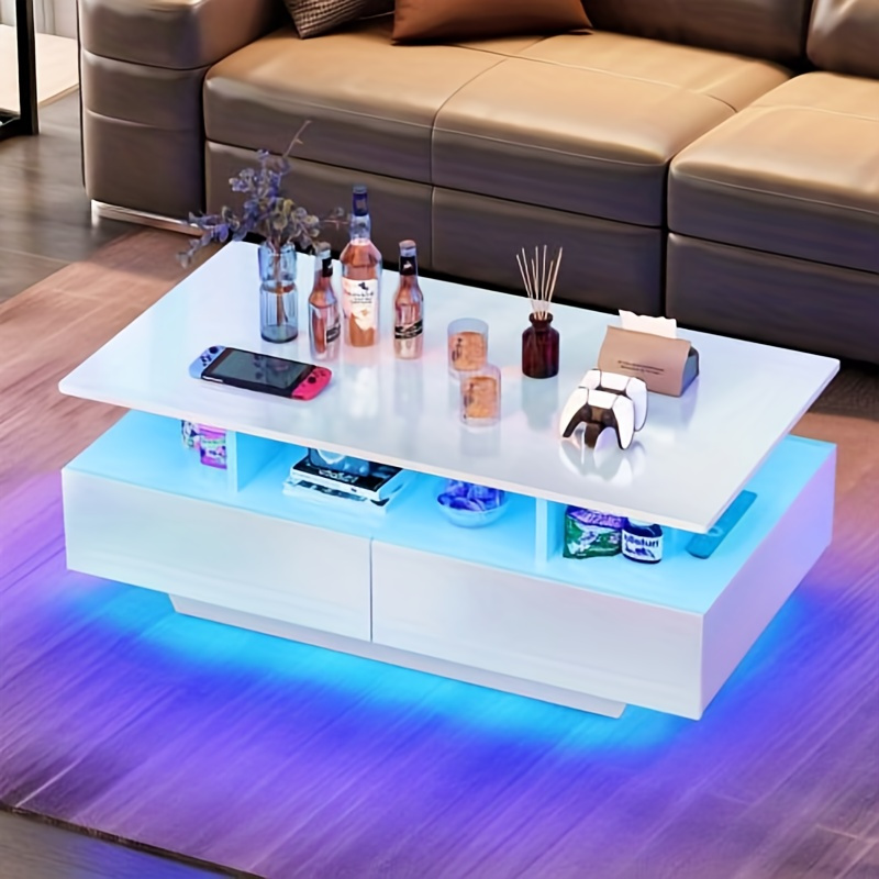 gardnfun modern led coffee table white coffee table with storage large living room center tables display shelf sliding drawers details 2