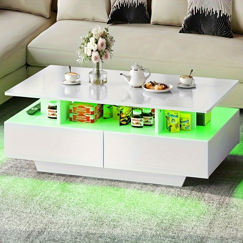 gardnfun modern led coffee table white coffee table with storage large living room center tables display shelf sliding drawers details 4