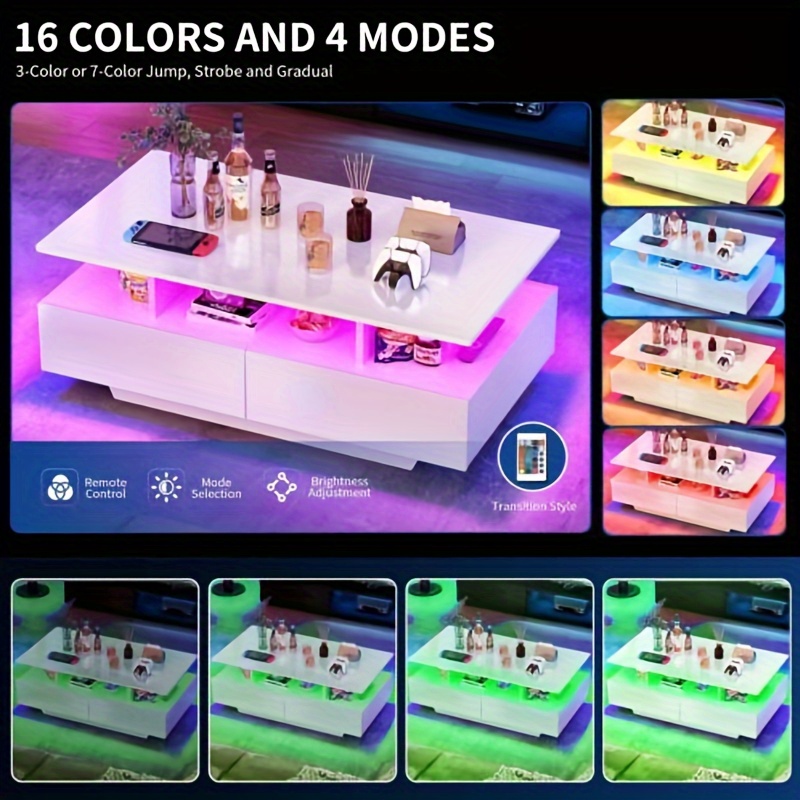 gardnfun modern led coffee table white coffee table with storage large living room center tables display shelf sliding drawers details 5