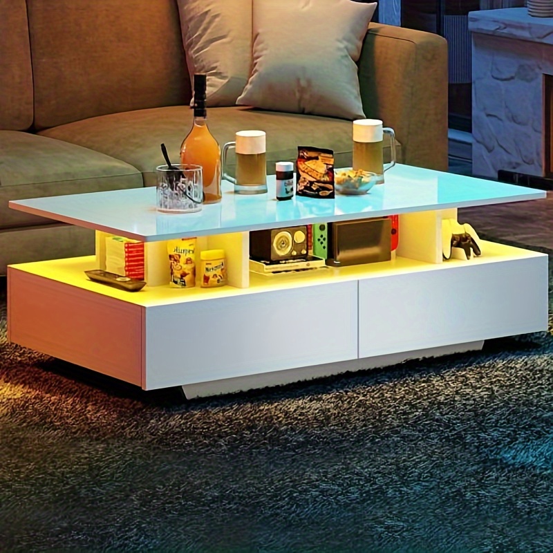 gardnfun modern led coffee table white coffee table with storage large living room center tables display shelf sliding drawers details 7