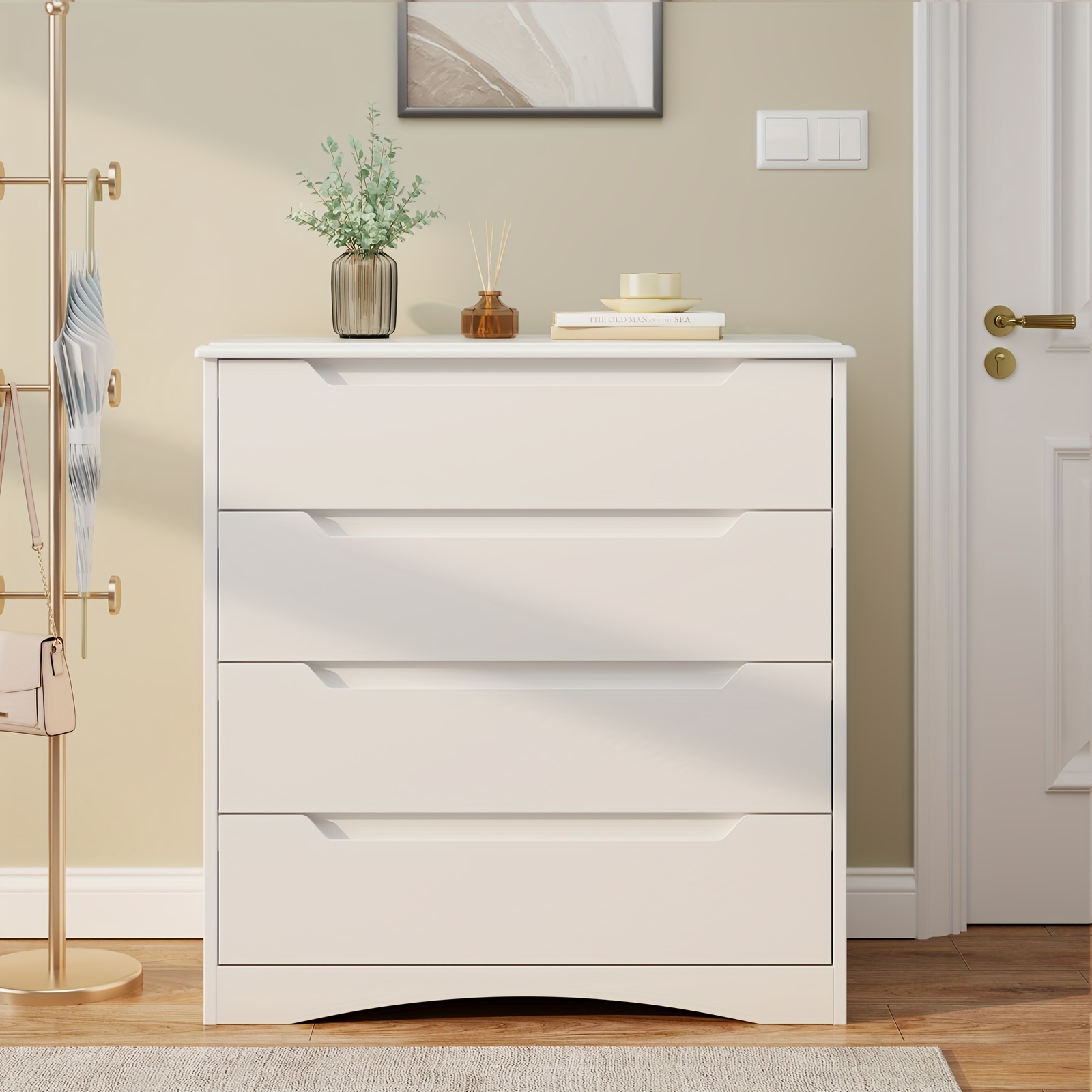 white 4 drawer dresser spacious chest of drawers with ample storage capacity perfect bedroom organizer featuring embedded handles and robust anti trip device ideal for offices living rooms and hallways details 0