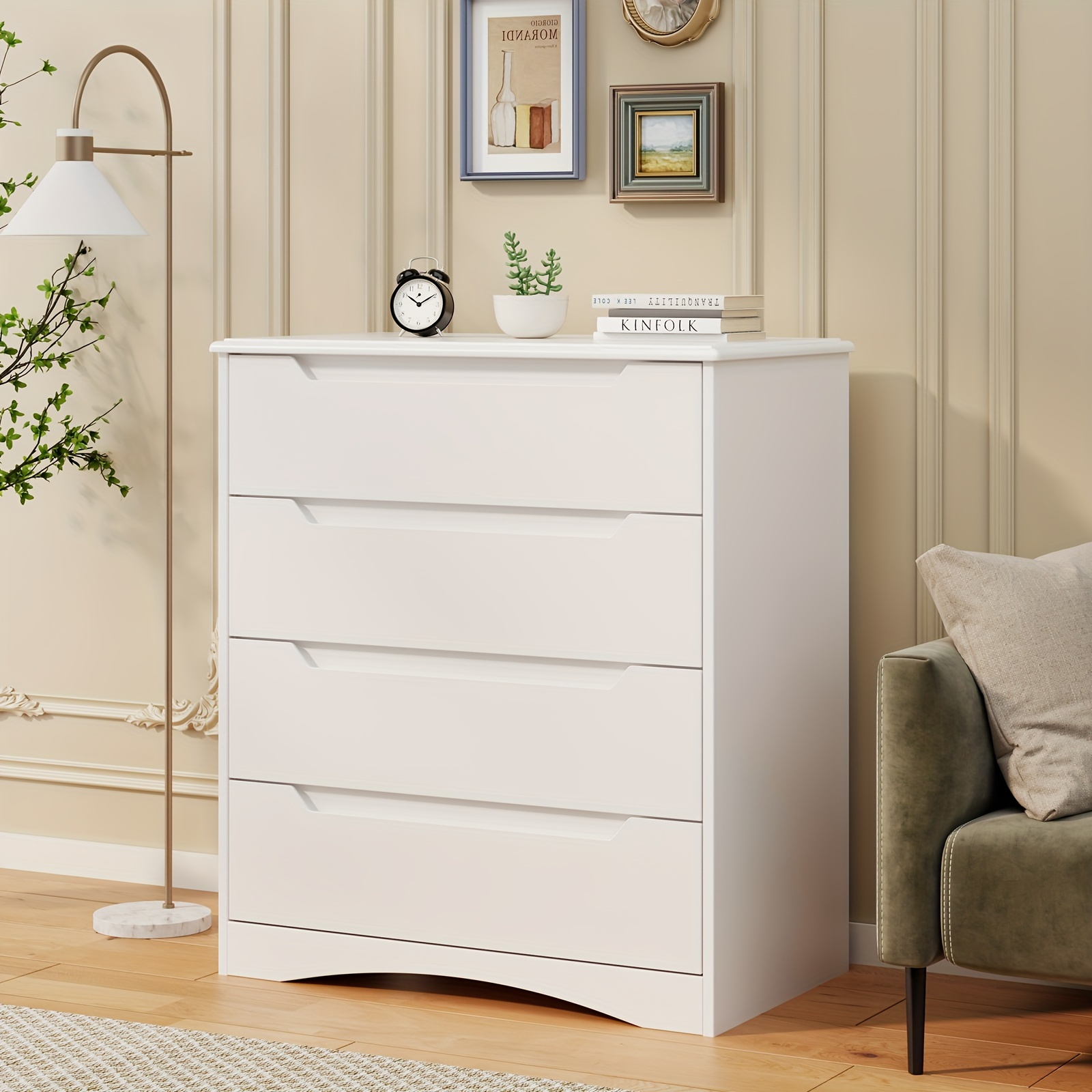 white 4 drawer dresser spacious chest of drawers with ample storage capacity perfect bedroom organizer featuring embedded handles and robust anti trip device ideal for offices living rooms and hallways details 1