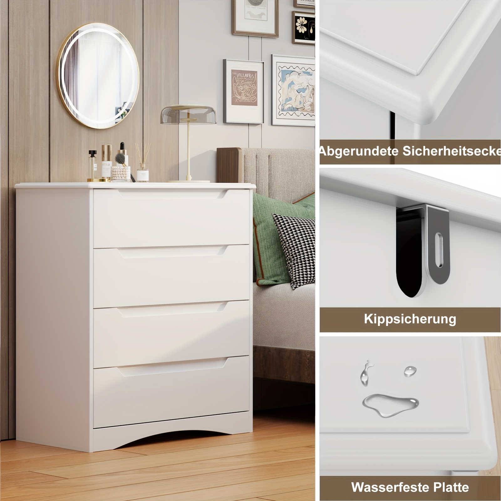 white 4 drawer dresser spacious chest of drawers with ample storage capacity perfect bedroom organizer featuring embedded handles and robust anti trip device ideal for offices living rooms and hallways details 6