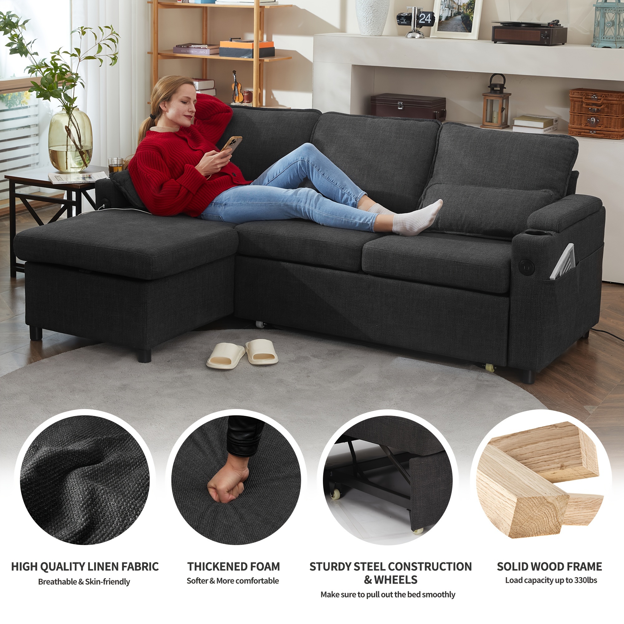 sectional sleeper sofa with storage chaise reversible pull out couch sofa bed l shape details 6