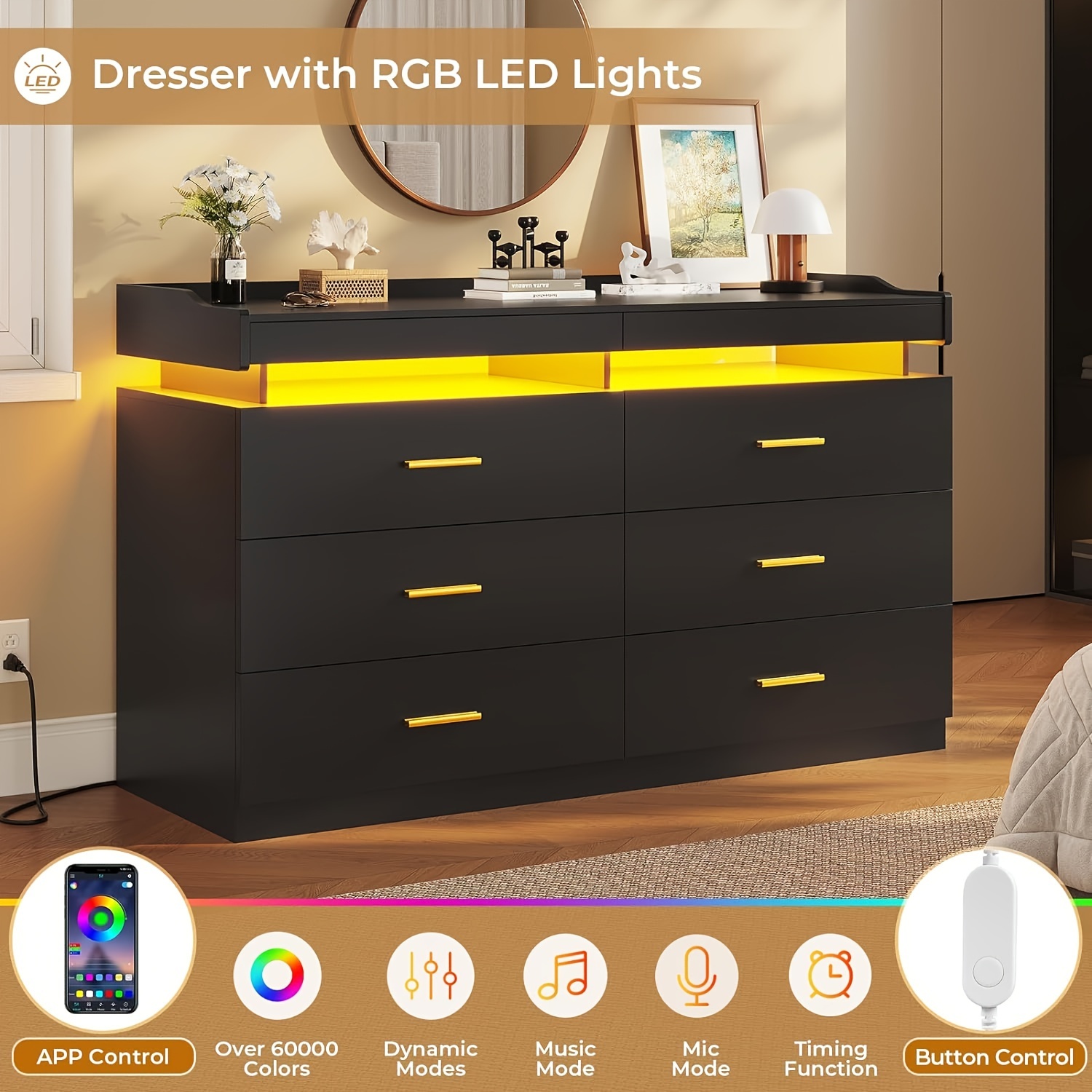 black 6 drawer dresser with led light dresser for bedroom with 2 pull out trays modern wide dresser for living room entryway details 1