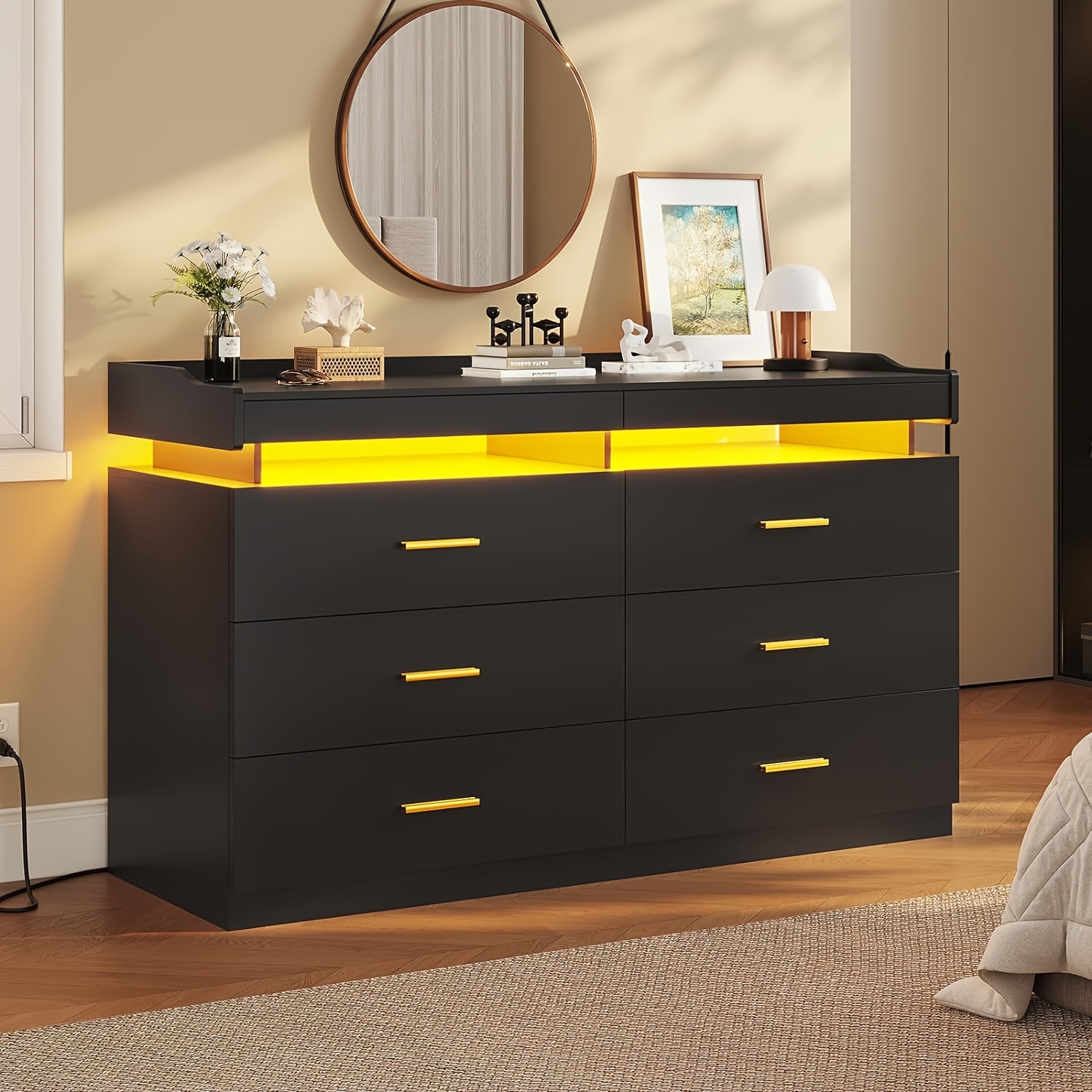 black 6 drawer dresser with led light dresser for bedroom with 2 pull out trays modern wide dresser for living room entryway details 6