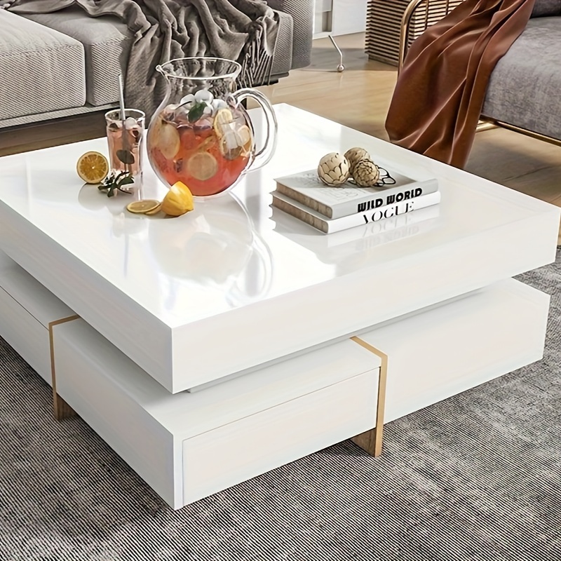 modern minimalist high gloss coffee table sofa table with 4 drawers cocktail end table with wood grain legs living room center table wood coffee table 31 5 x 31 5 white black two color option details 0