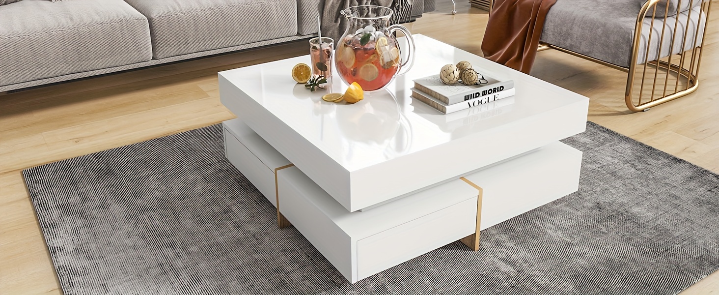 modern minimalist high gloss coffee table sofa table with 4 drawers cocktail end table with wood grain legs living room center table wood coffee table 31 5 x 31 5 white black two color option details 1