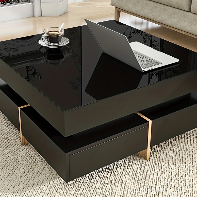 modern minimalist high gloss coffee table sofa table with 4 drawers cocktail end table with wood grain legs living room center table wood coffee table 31 5 x 31 5 white black two color option details 2