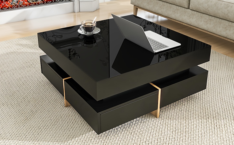 modern minimalist high gloss coffee table sofa table with 4 drawers cocktail end table with wood grain legs living room center table wood coffee table 31 5 x 31 5 white black two color option details 3