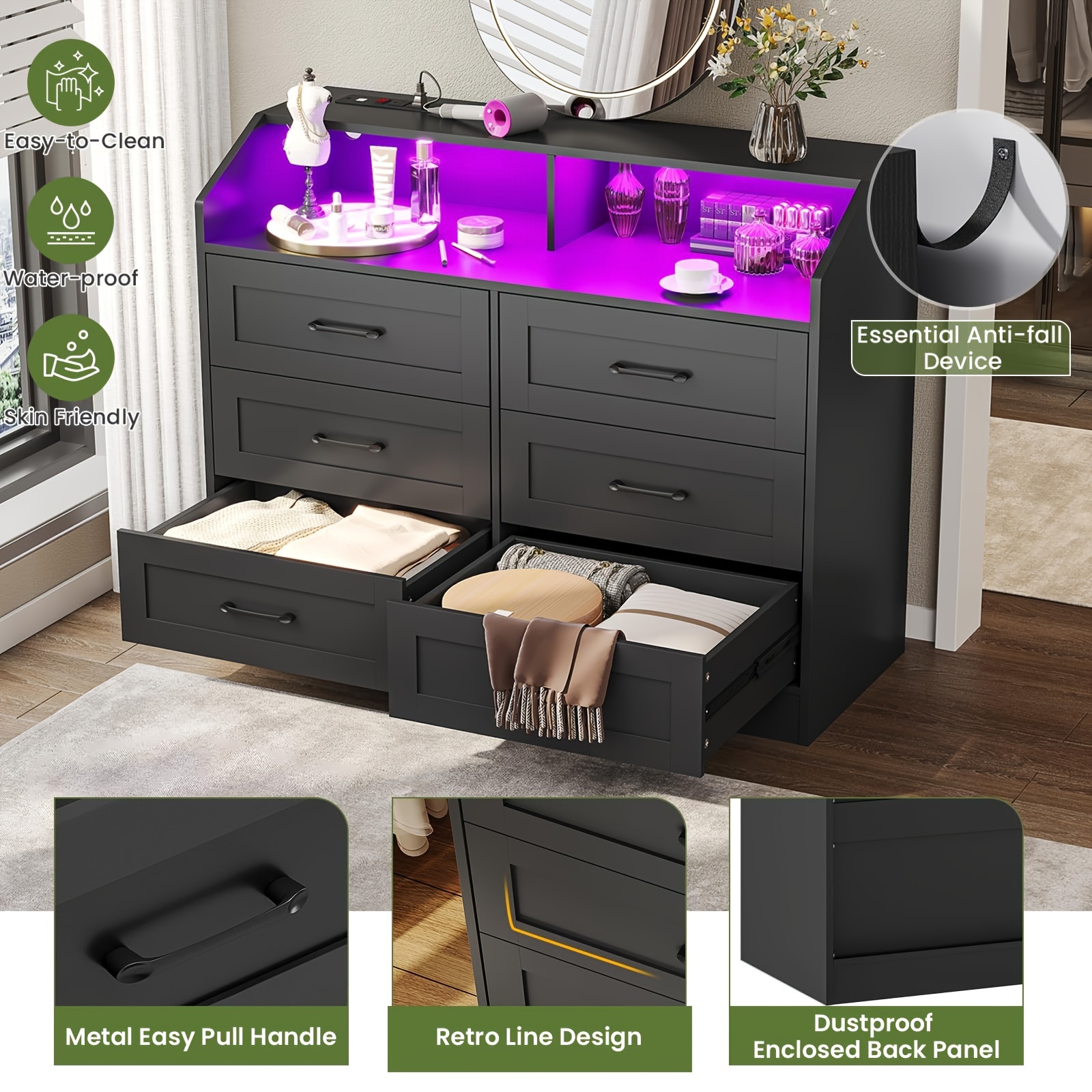 black 6 drawers dresser with led lights and charging station for bedroom living room chest of 6 drawers with open space large capacity storage cabinet details 1