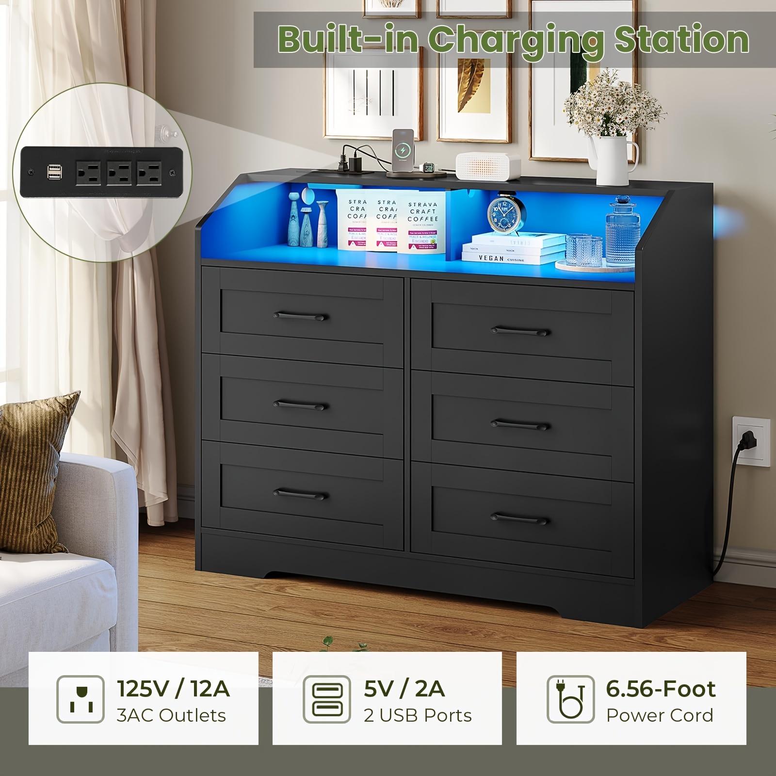 black 6 drawers dresser with led lights and charging station for bedroom living room chest of 6 drawers with open space large capacity storage cabinet details 3