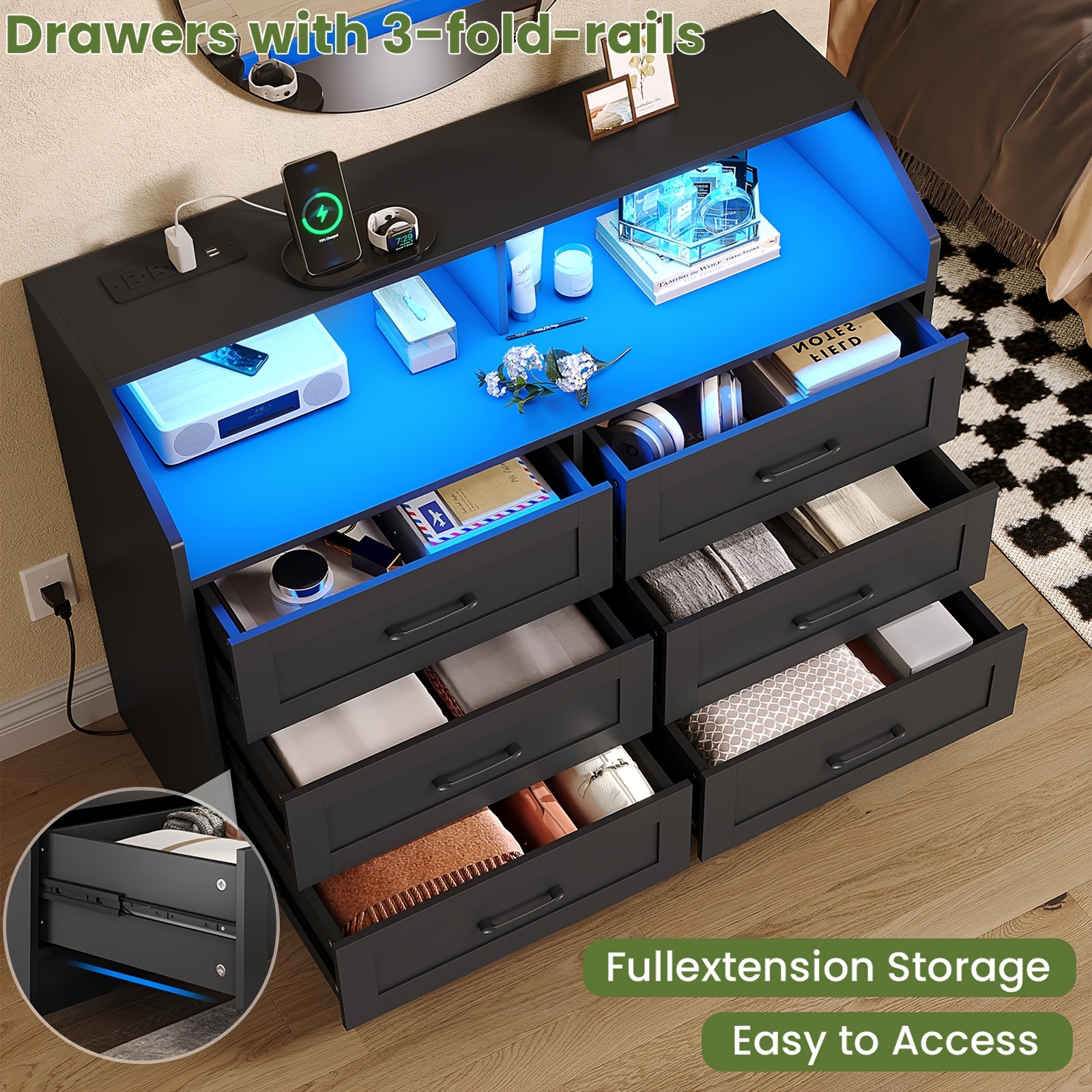 black 6 drawers dresser with led lights and charging station for bedroom living room chest of 6 drawers with open space large capacity storage cabinet details 6