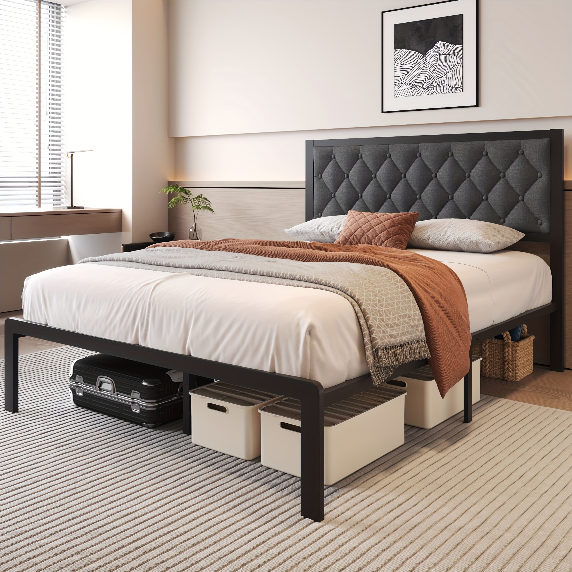 queen bed frame with headboard fabric upholstered bed frame platform all metal slats support platform bed frame with storage space easy assembly noise free no box spring needed details 0